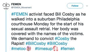 Illustration for article titled Topless protestor arrested and opening statements delayed on the first day of Bill Cosby's retrial